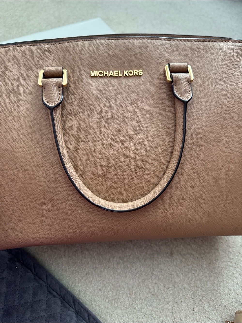 Michael Kors Soft Tan Saffiano Leather Satchel with Gold Hardware